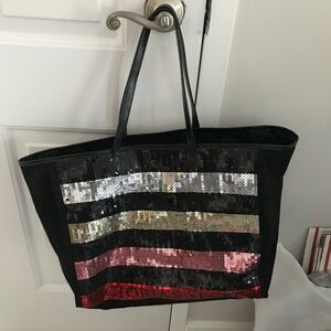 Victoria's Secret Black and Red Tote Bag with Sequin Stripes